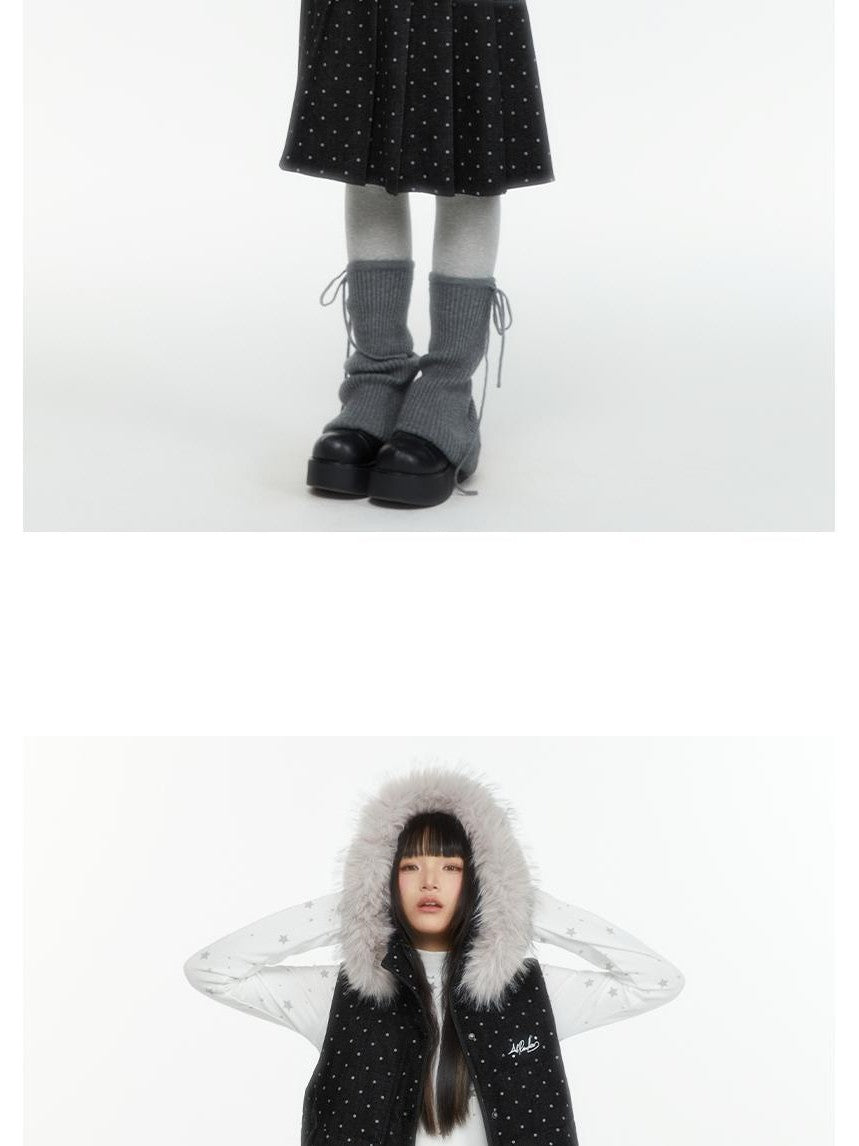 atrandom Polka Dot Embroidered Detachable Hood Faux Fur Collar Women&