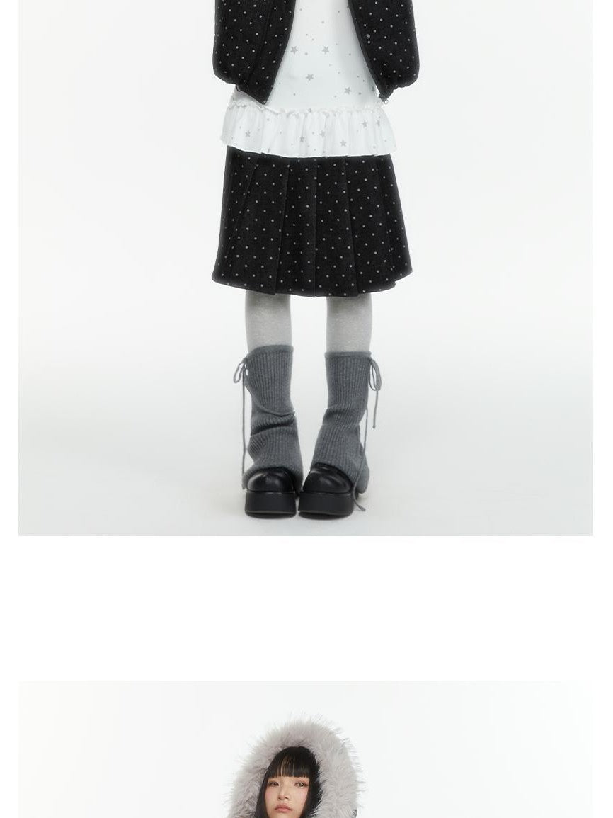 atrandom Polka Dot Embroidered Detachable Hood Faux Fur Collar Women&