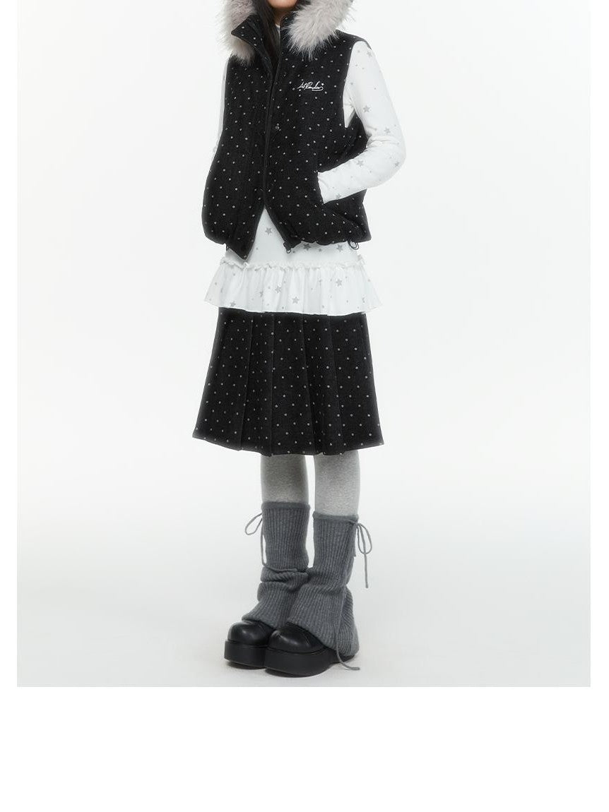 atrandom Polka Dot Embroidered Detachable Hood Faux Fur Collar Women&