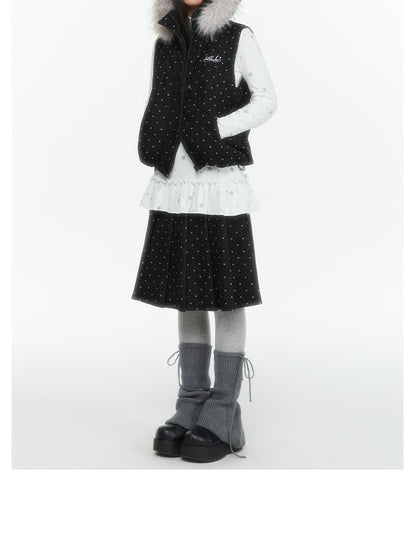atrandom Polka Dot Embroidered Detachable Hood Faux Fur Collar Women&