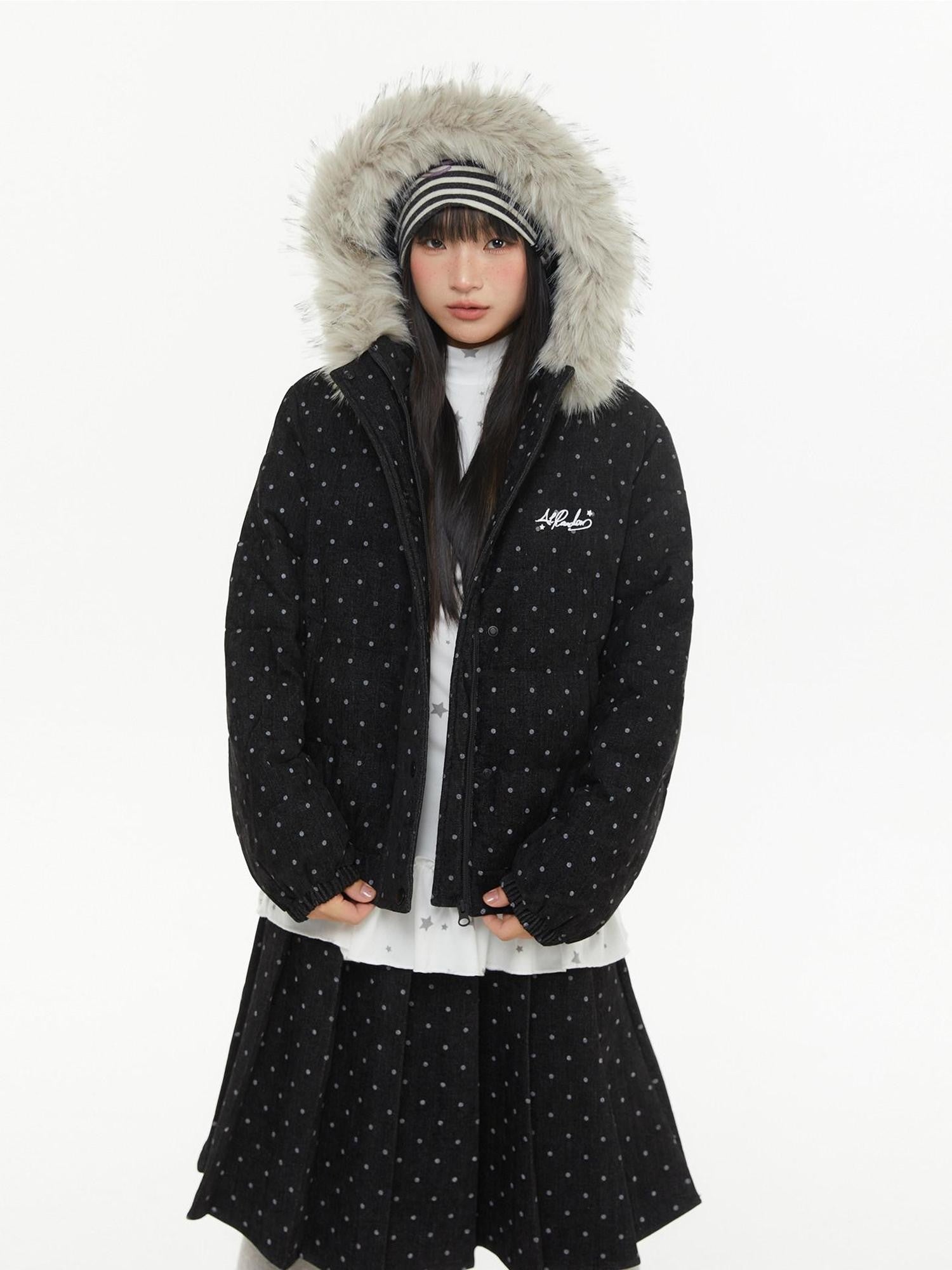 atrandom Polka Dot Embroidery Fur Collar Women&