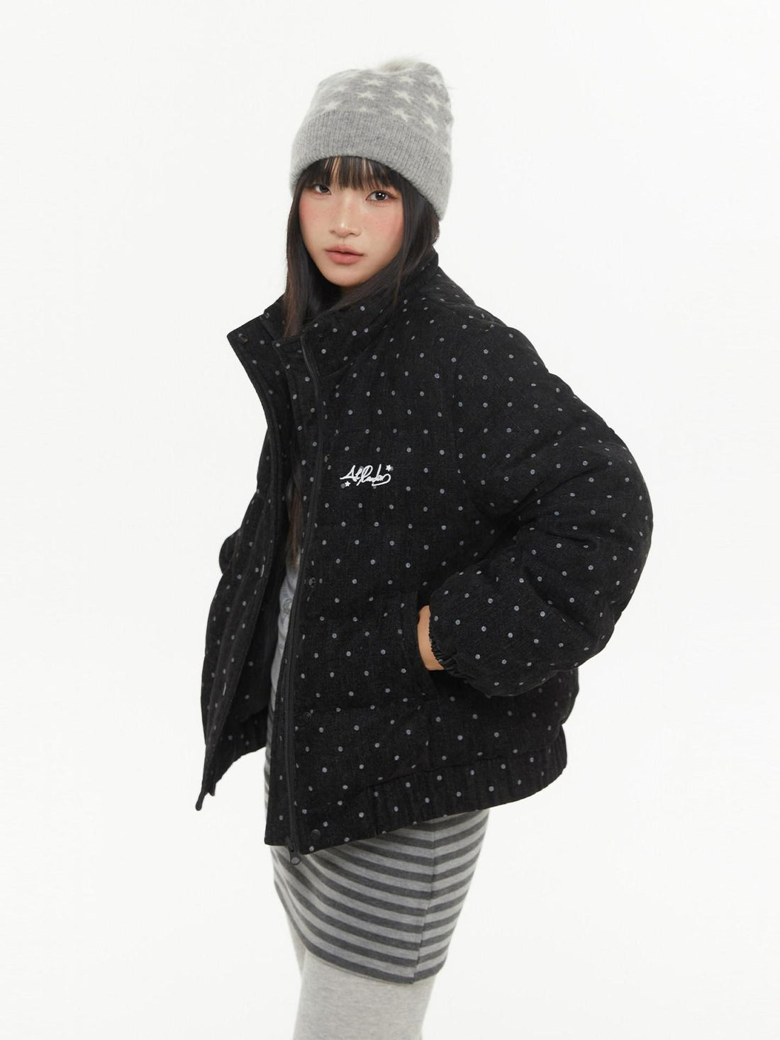 atrandom Polka Dot Embroidery Fur Collar Women&