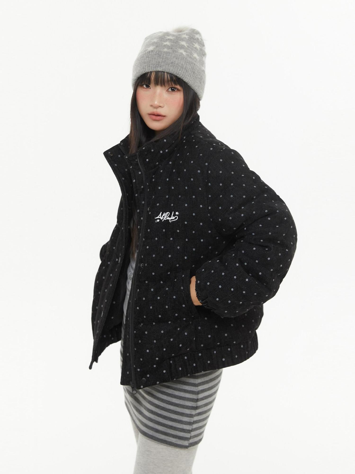 atrandom Polka Dot Embroidery Fur Collar Women&