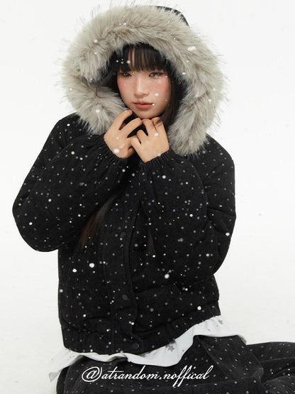 atrandom Polka Dot Embroidery Fur Collar Women&