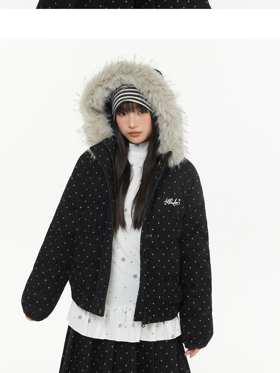 atrandom Polka Dot Embroidery Fur Collar Women&