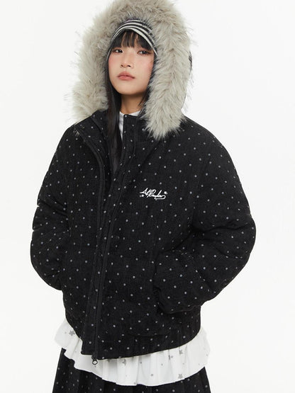 atrandom Polka Dot Embroidery Fur Collar Women&