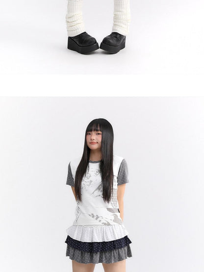 atrandom Polka Dot Spliced Pleated Elastic Waist Women&