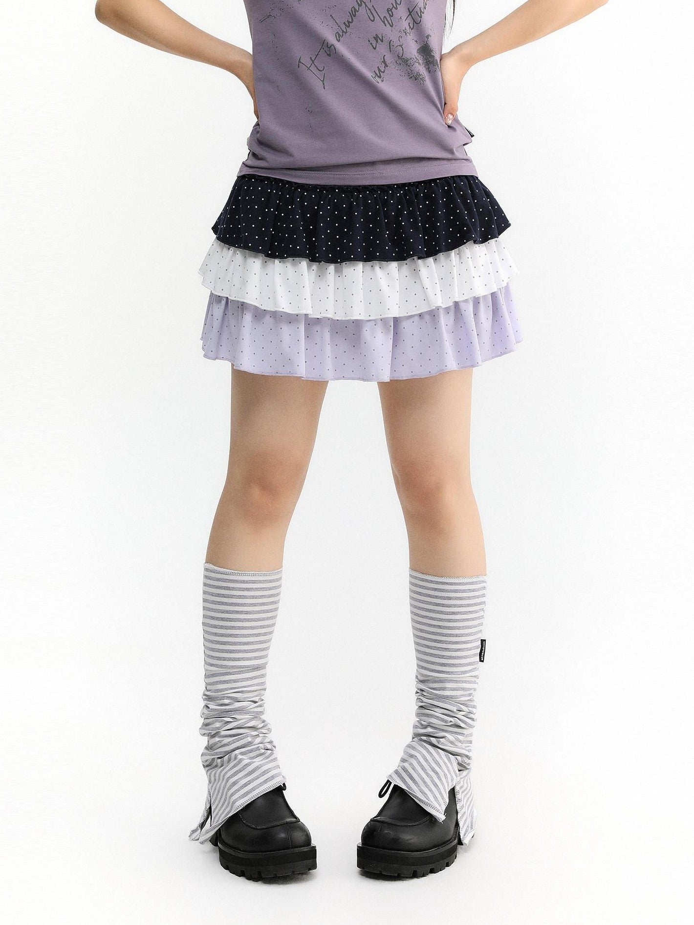 atrandom Polka Dot Spliced Pleated Elastic Waist Women&