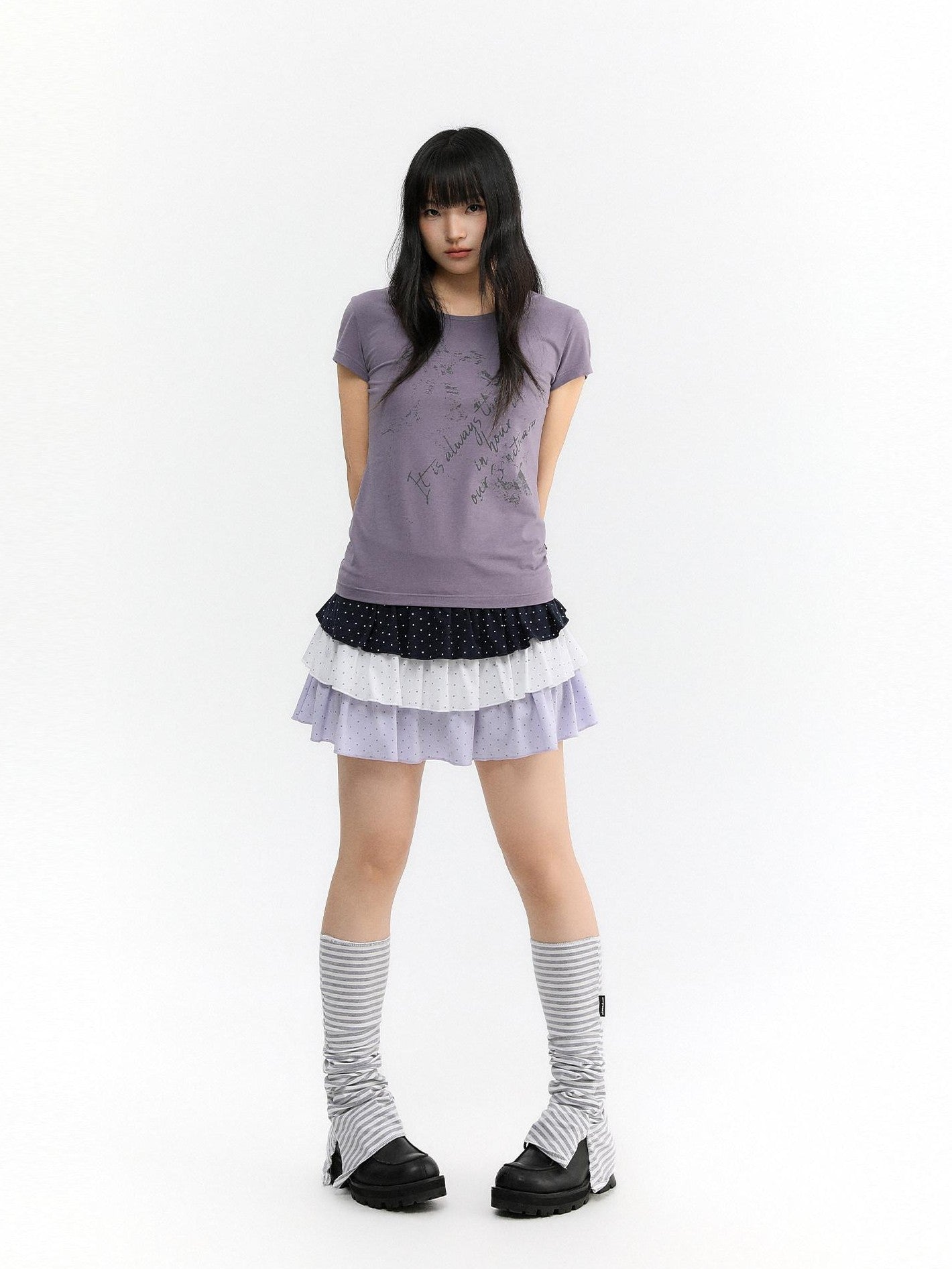 atrandom Polka Dot Spliced Pleated Elastic Waist Women&