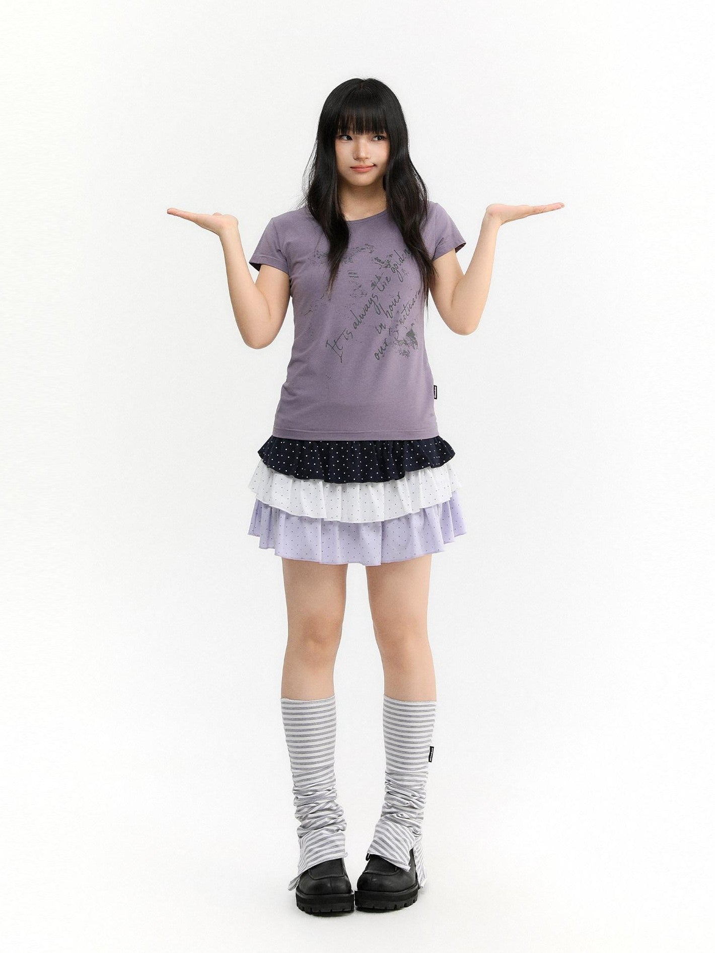 atrandom Polka Dot Spliced Pleated Elastic Waist Women&