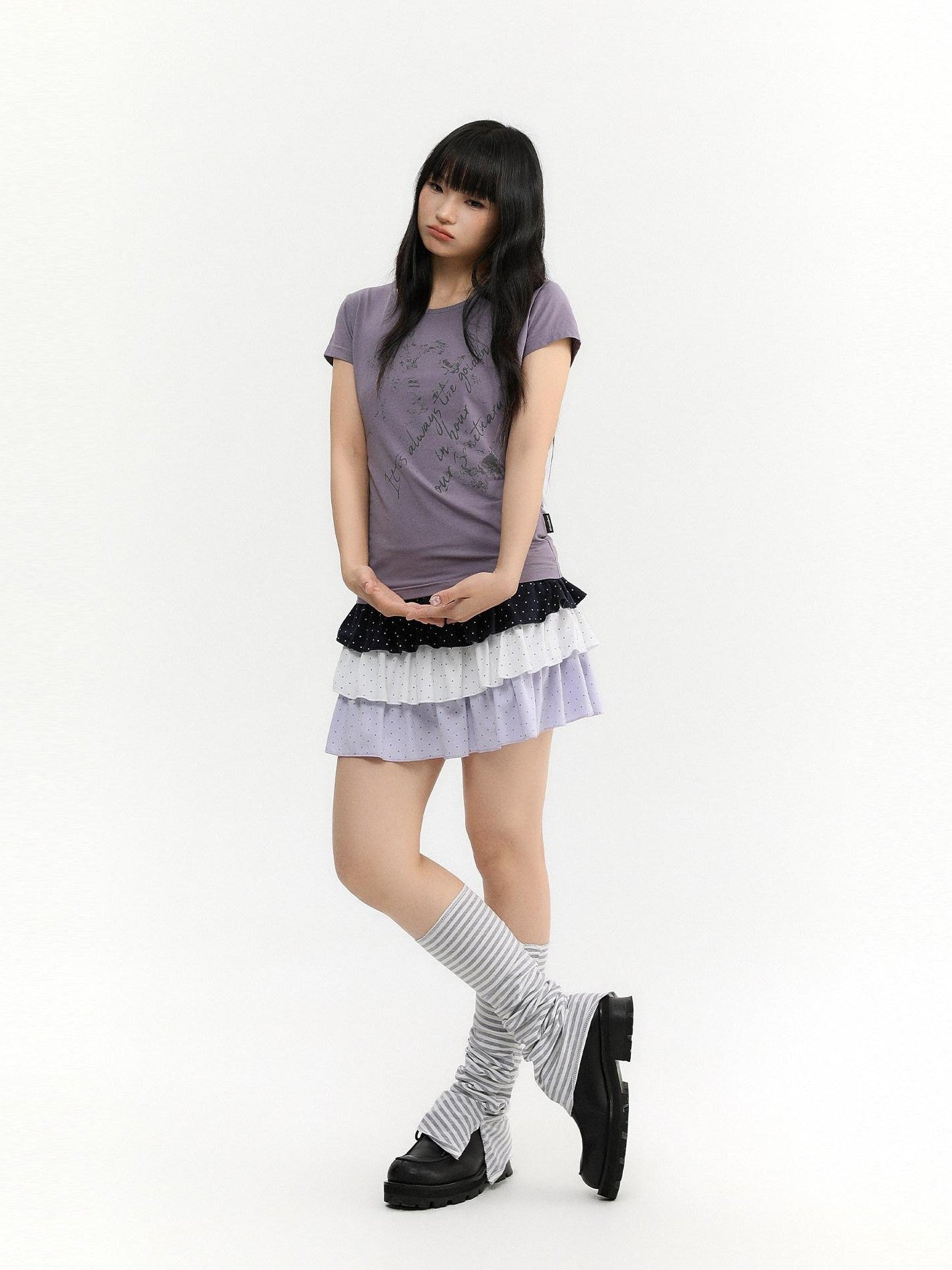 atrandom Polka Dot Spliced Pleated Elastic Waist Women&