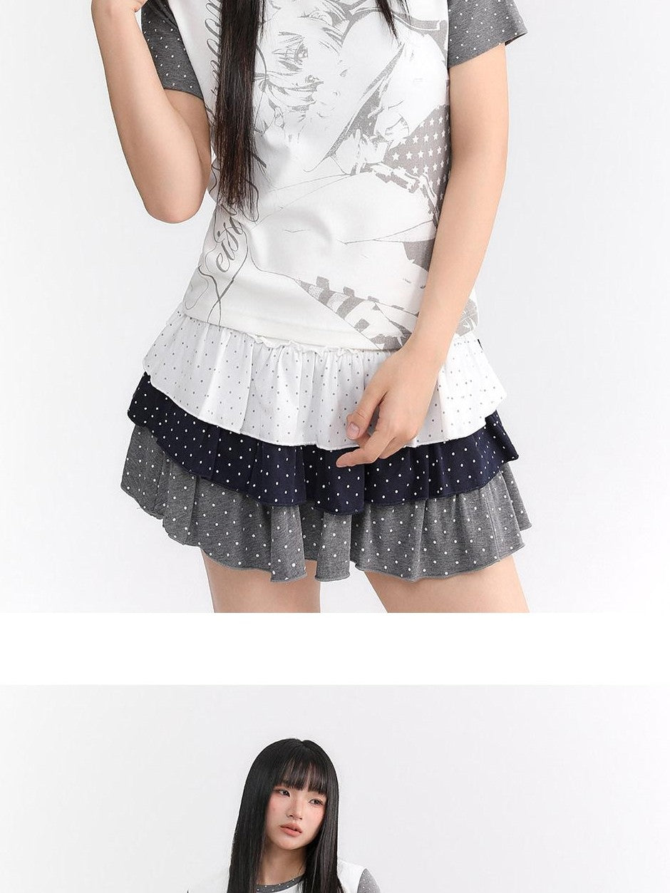 atrandom Polka Dot Spliced Pleated Elastic Waist Women&