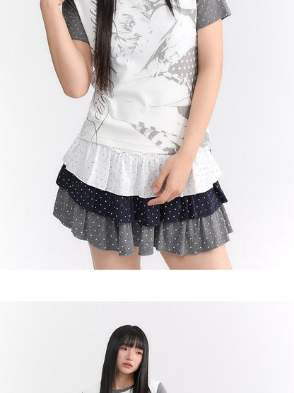 atrandom Polka Dot Spliced Pleated Elastic Waist Women&