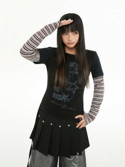 atrandom Polka Dot Stripe Letter Print Patchwork Women&