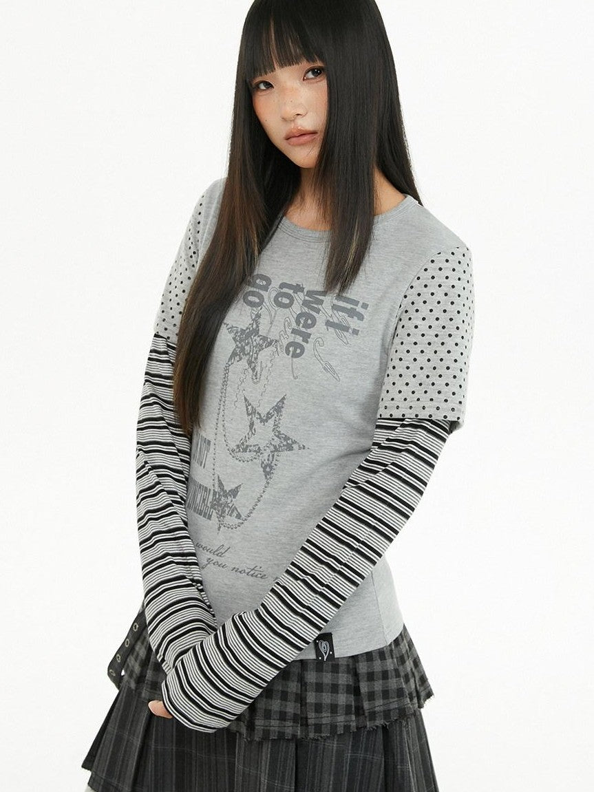 atrandom Polka Dot Stripe Letter Print Patchwork Women&