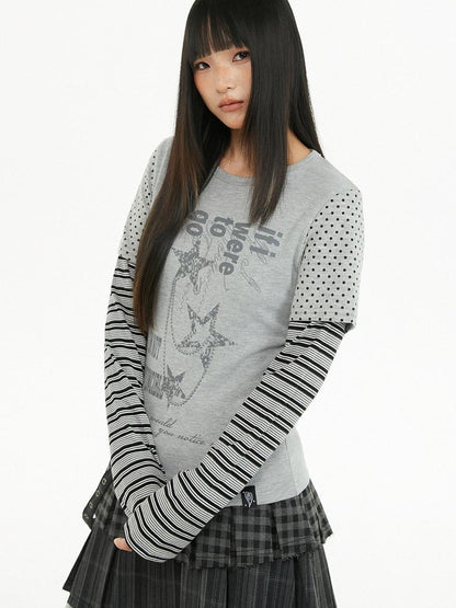 atrandom Polka Dot Stripe Letter Print Patchwork Women&