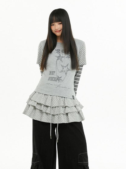 atrandom Polka Dot Stripe Letter Print Patchwork Women&