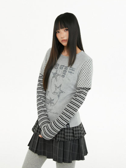 atrandom Polka Dot Stripe Letter Print Patchwork Women&