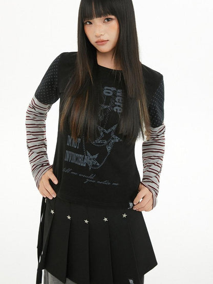 atrandom Polka Dot Stripe Letter Print Patchwork Women&