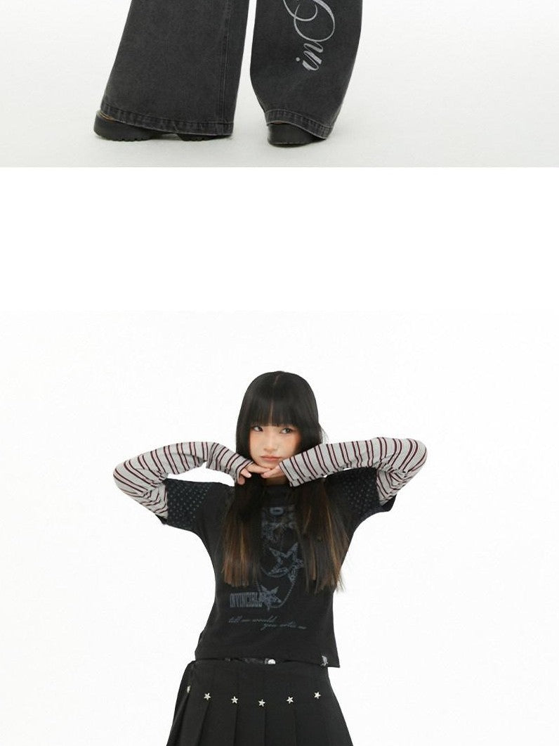 atrandom Polka Dot Stripe Letter Print Patchwork Women&
