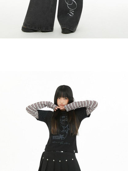 atrandom Polka Dot Stripe Letter Print Patchwork Women&
