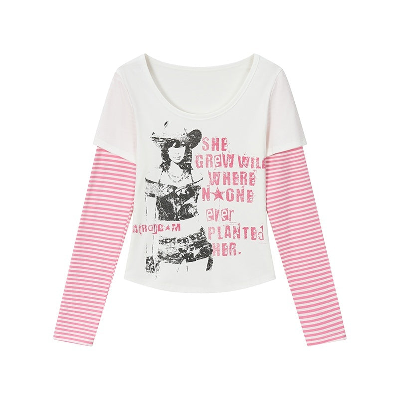 atrandom_Portrait_Letter_Print_Splice_Faux_Two_Piece_Women&