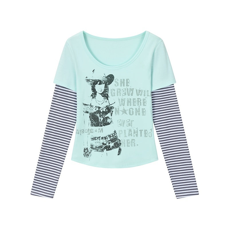 atrandom_Portrait_Letter_Print_Splice_Faux_Two_Piece_Women&