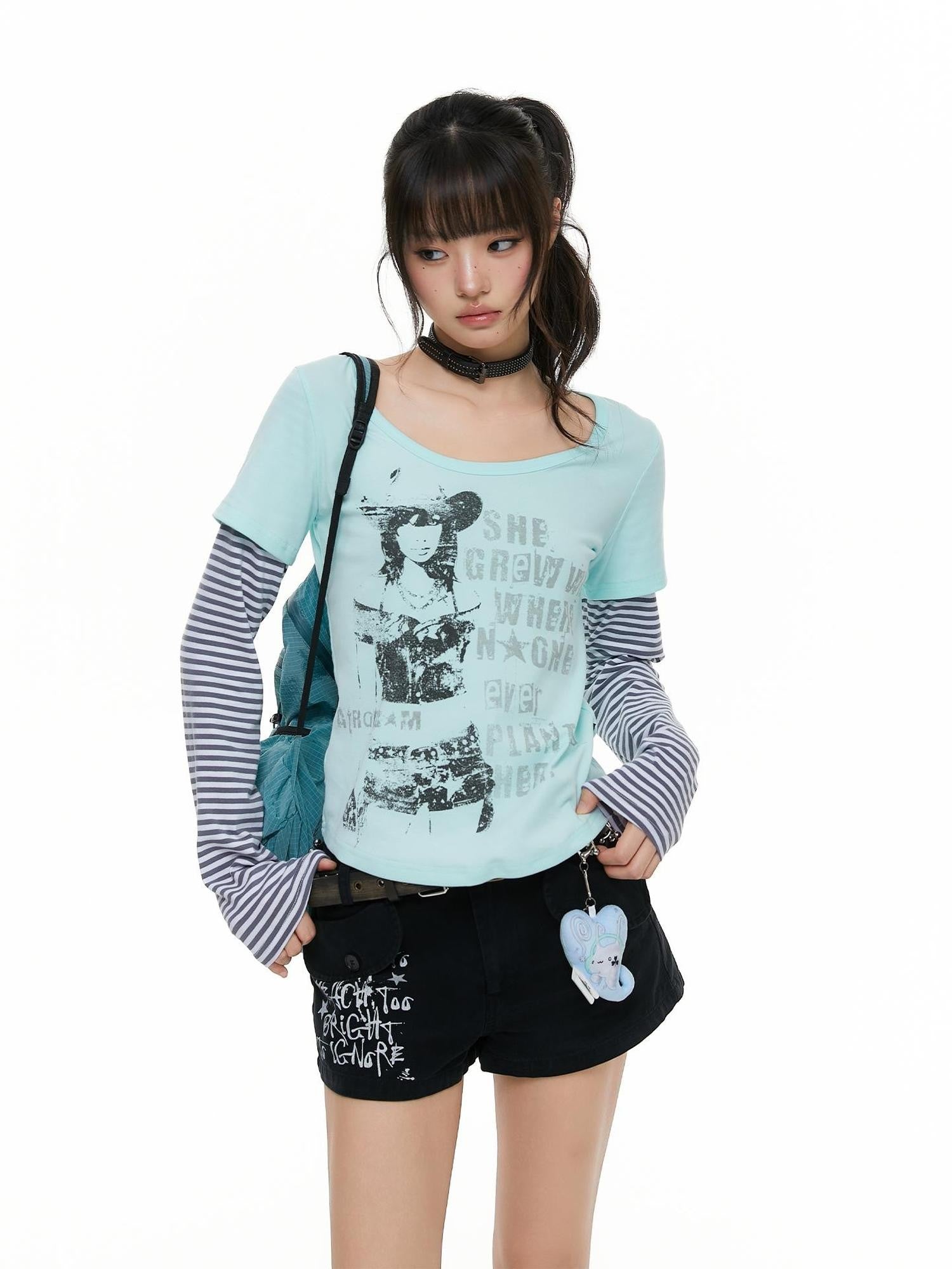 atrandom Portrait Letter Print Splice Faux Two Piece Women&