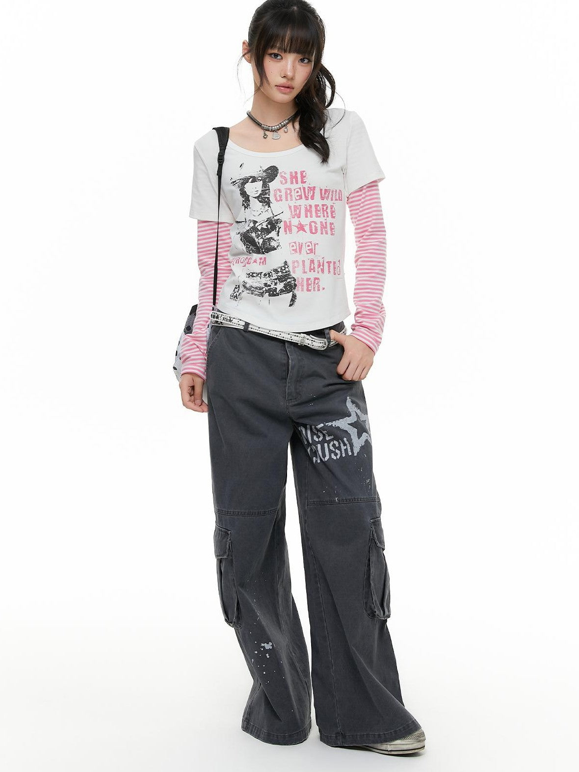 atrandom Portrait Letter Print Splice Faux Two Piece Women&