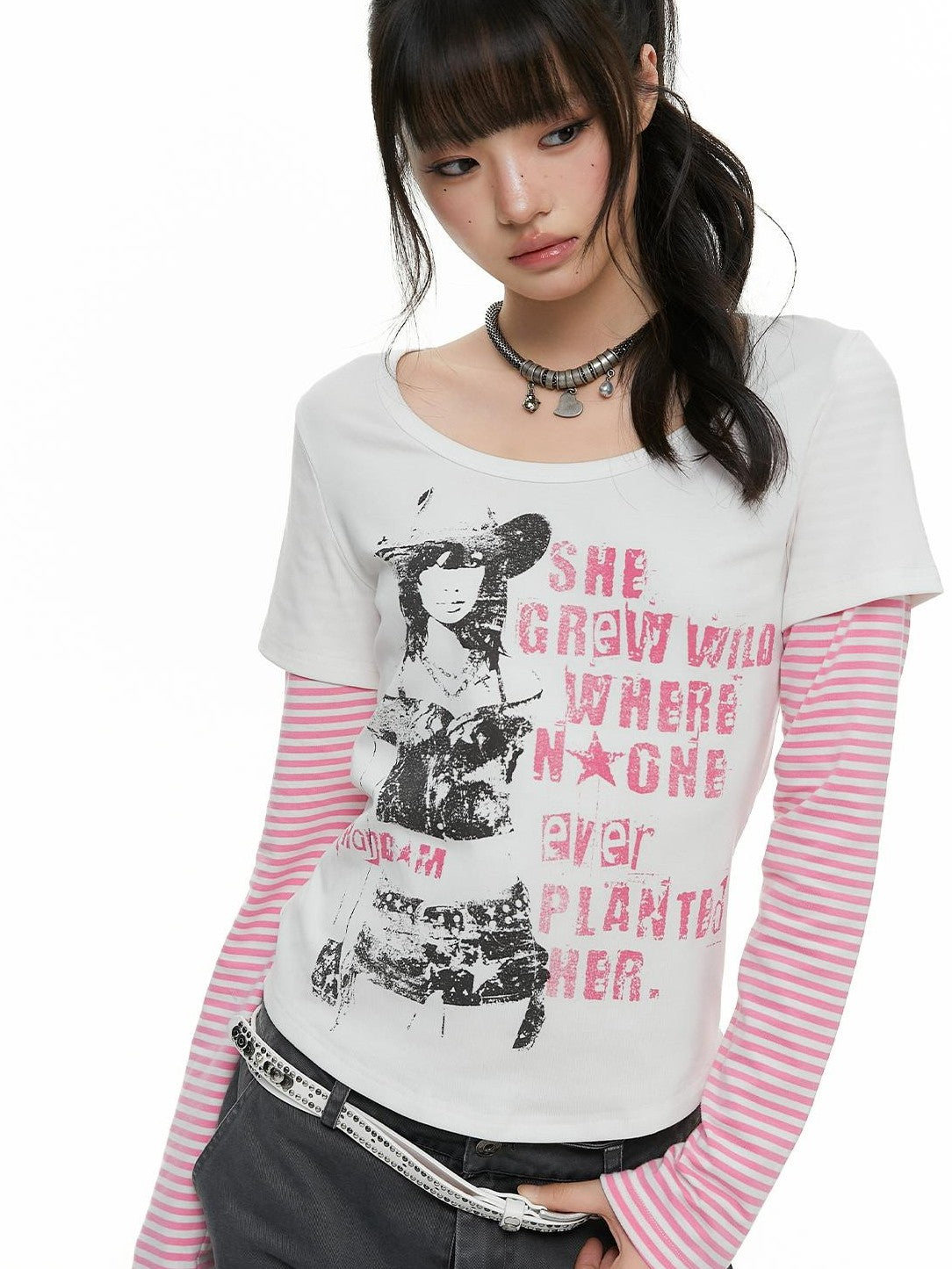 atrandom Portrait Letter Print Splice Faux Two Piece Women&