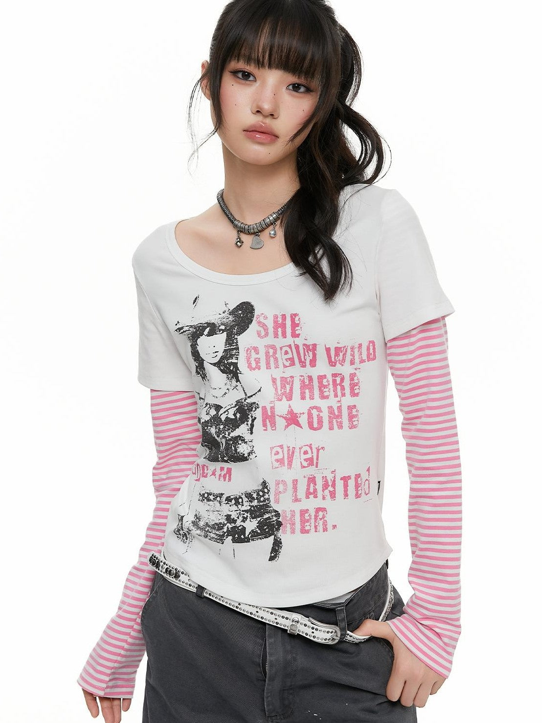 atrandom Portrait Letter Print Splice Faux Two Piece Women&