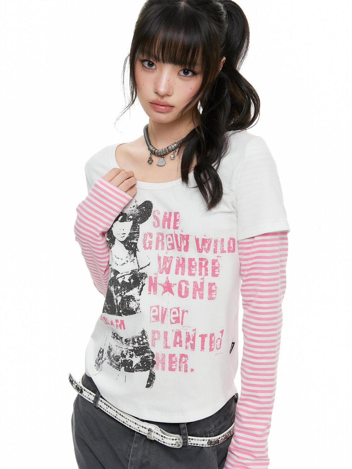 atrandom Portrait Letter Print Splice Faux Two Piece Women&