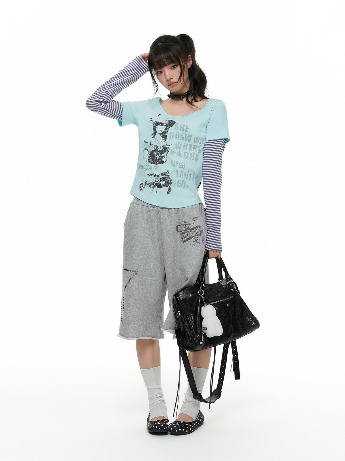 atrandom Portrait Letter Print Splice Faux Two Piece Women&