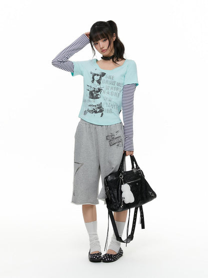 atrandom Portrait Letter Print Splice Faux Two Piece Women&