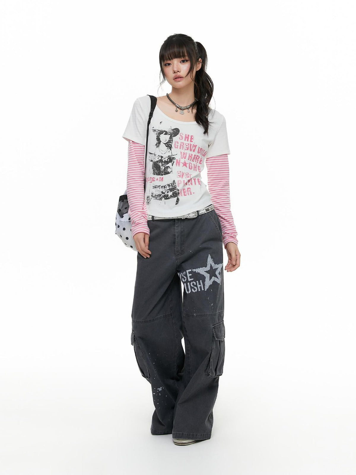 atrandom Portrait Letter Print Splice Faux Two Piece Women&