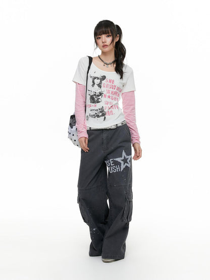 atrandom Portrait Letter Print Splice Faux Two Piece Women&