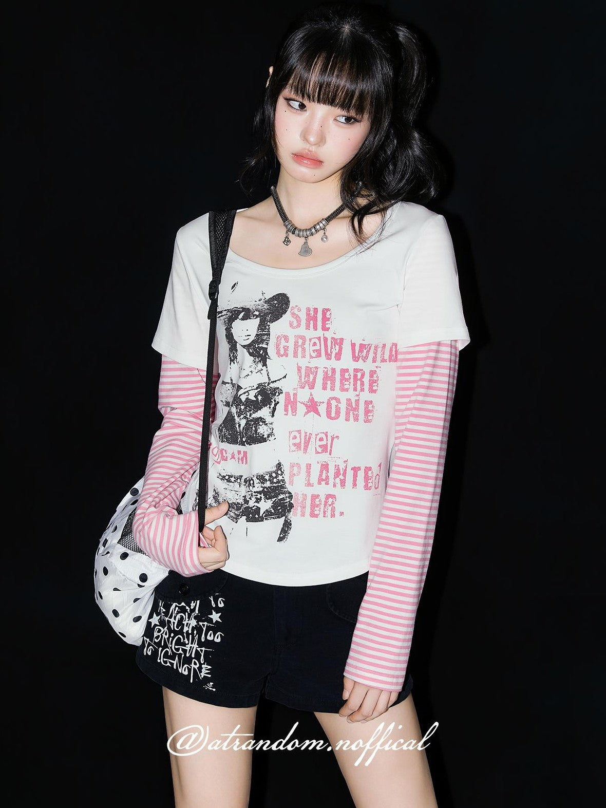 atrandom Portrait Letter Print Splice Faux Two Piece Women&