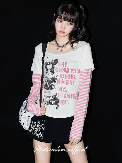 atrandom Portrait Letter Print Splice Faux Two Piece Women&