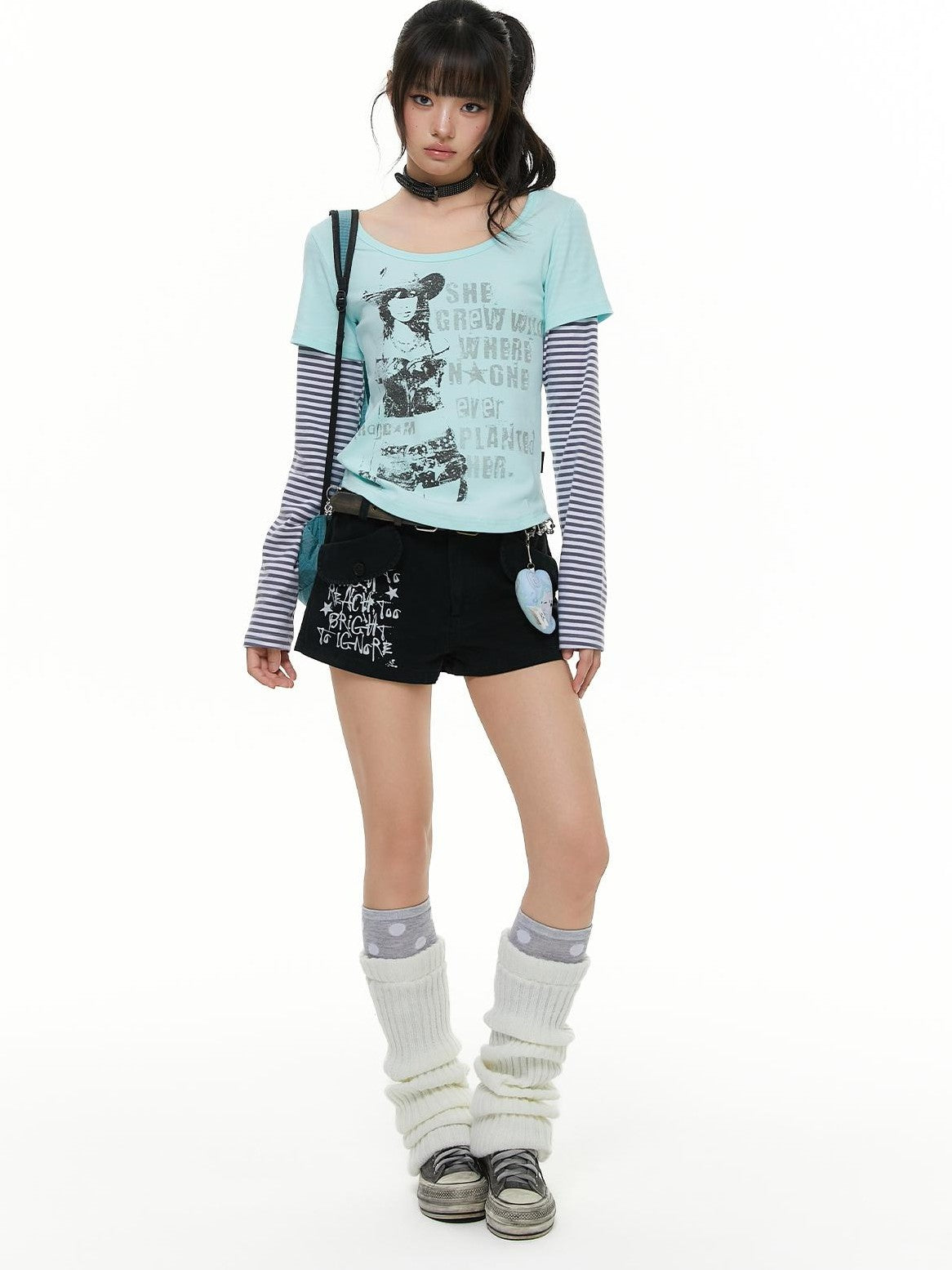atrandom Portrait Letter Print Splice Faux Two Piece Women&