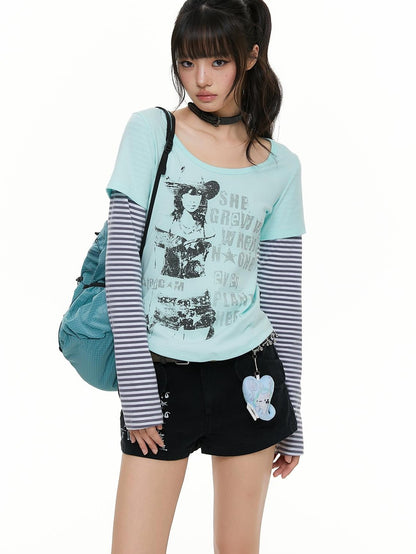 atrandom Portrait Letter Print Splice Faux Two Piece Women&