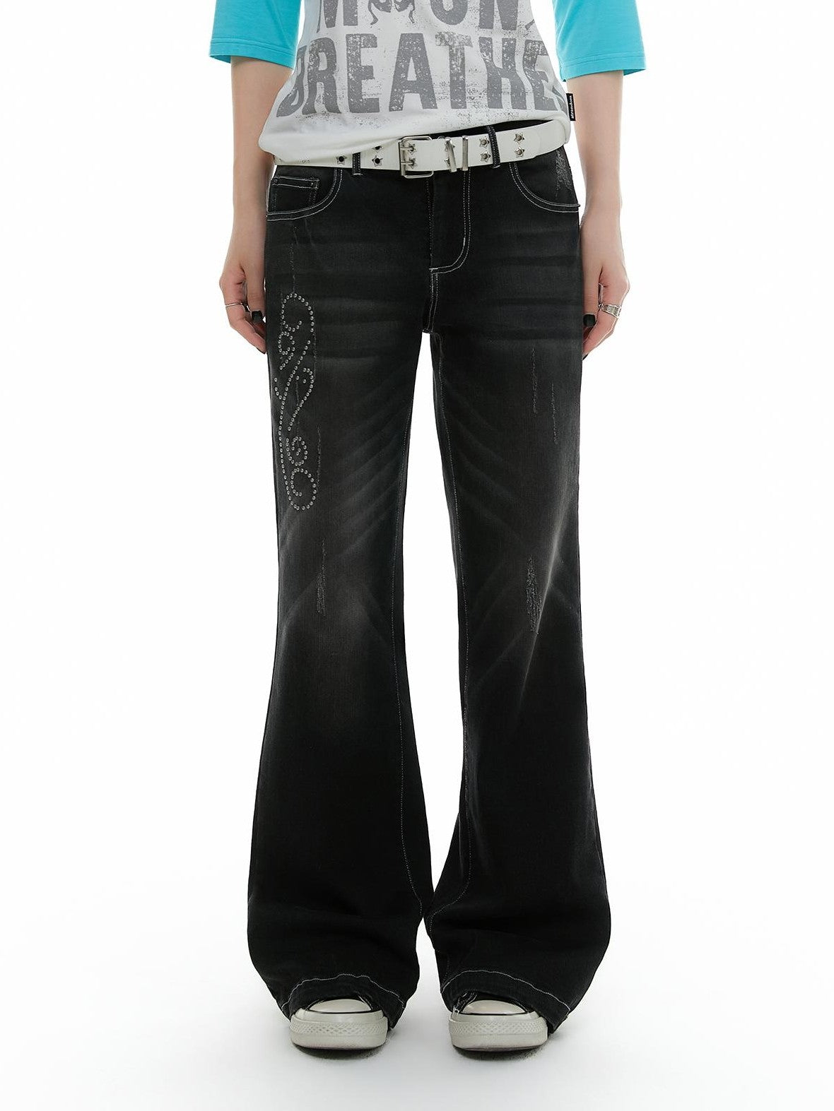 atrandom Rhinestone Studded Topstitched Black Wash Women&