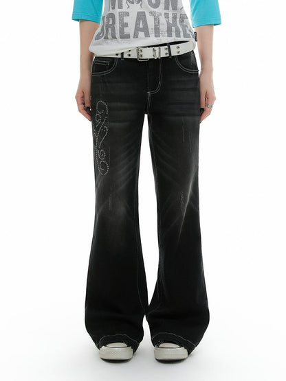 atrandom Rhinestone Studded Topstitched Black Wash Women&