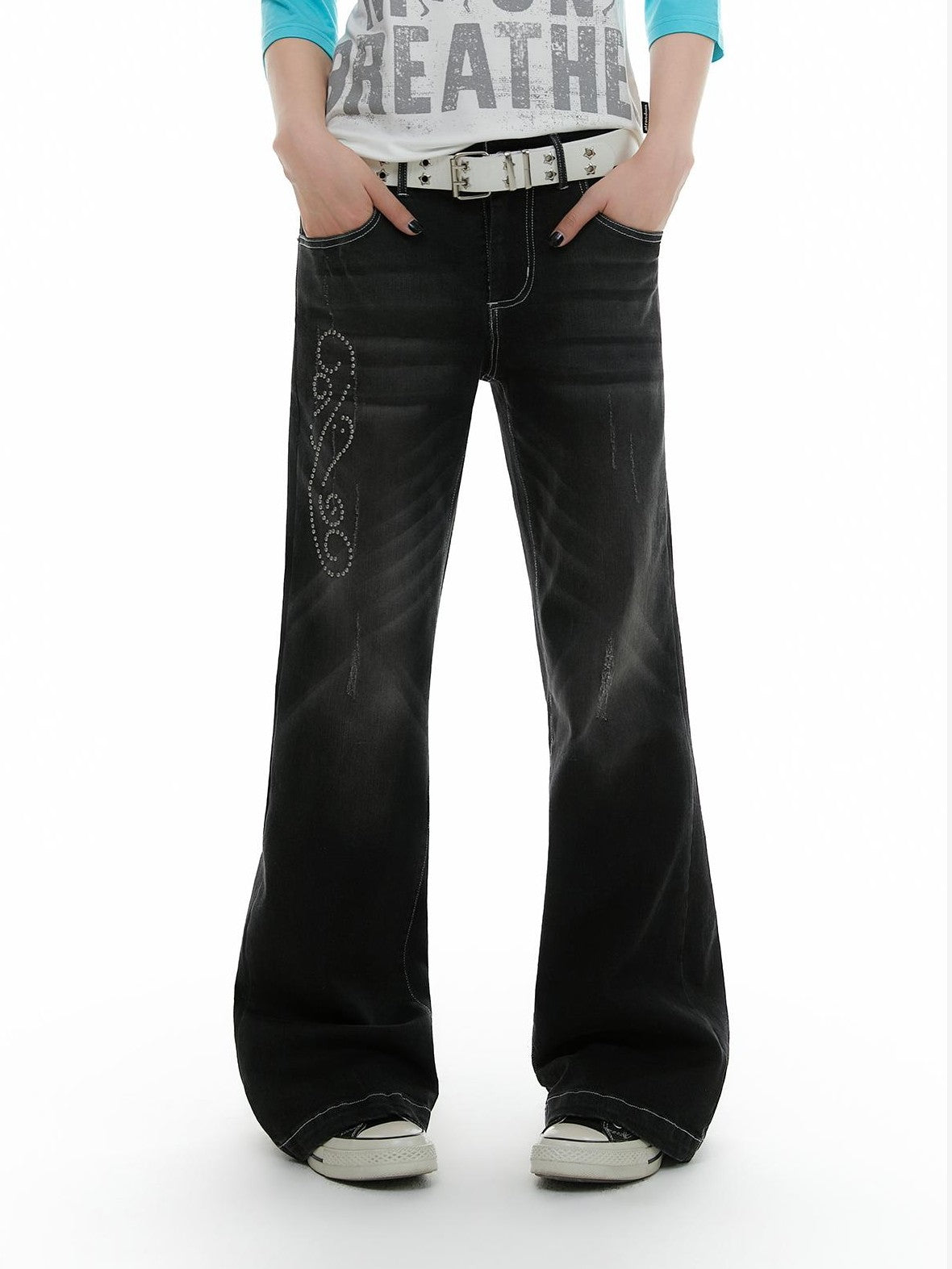 atrandom Rhinestone Studded Topstitched Black Wash Women&