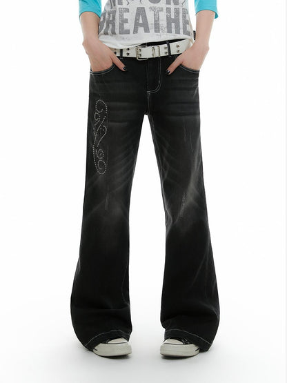 atrandom Rhinestone Studded Topstitched Black Wash Women&