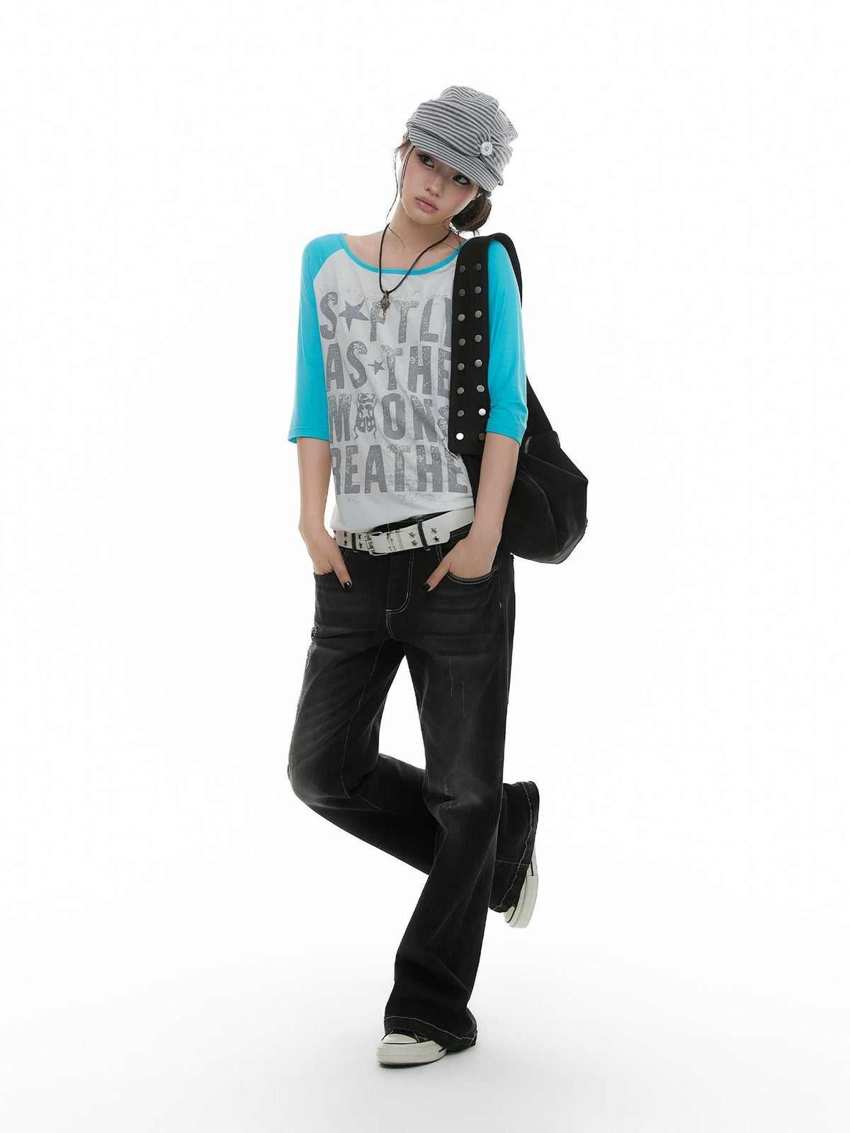 atrandom Rhinestone Studded Topstitched Black Wash Women&