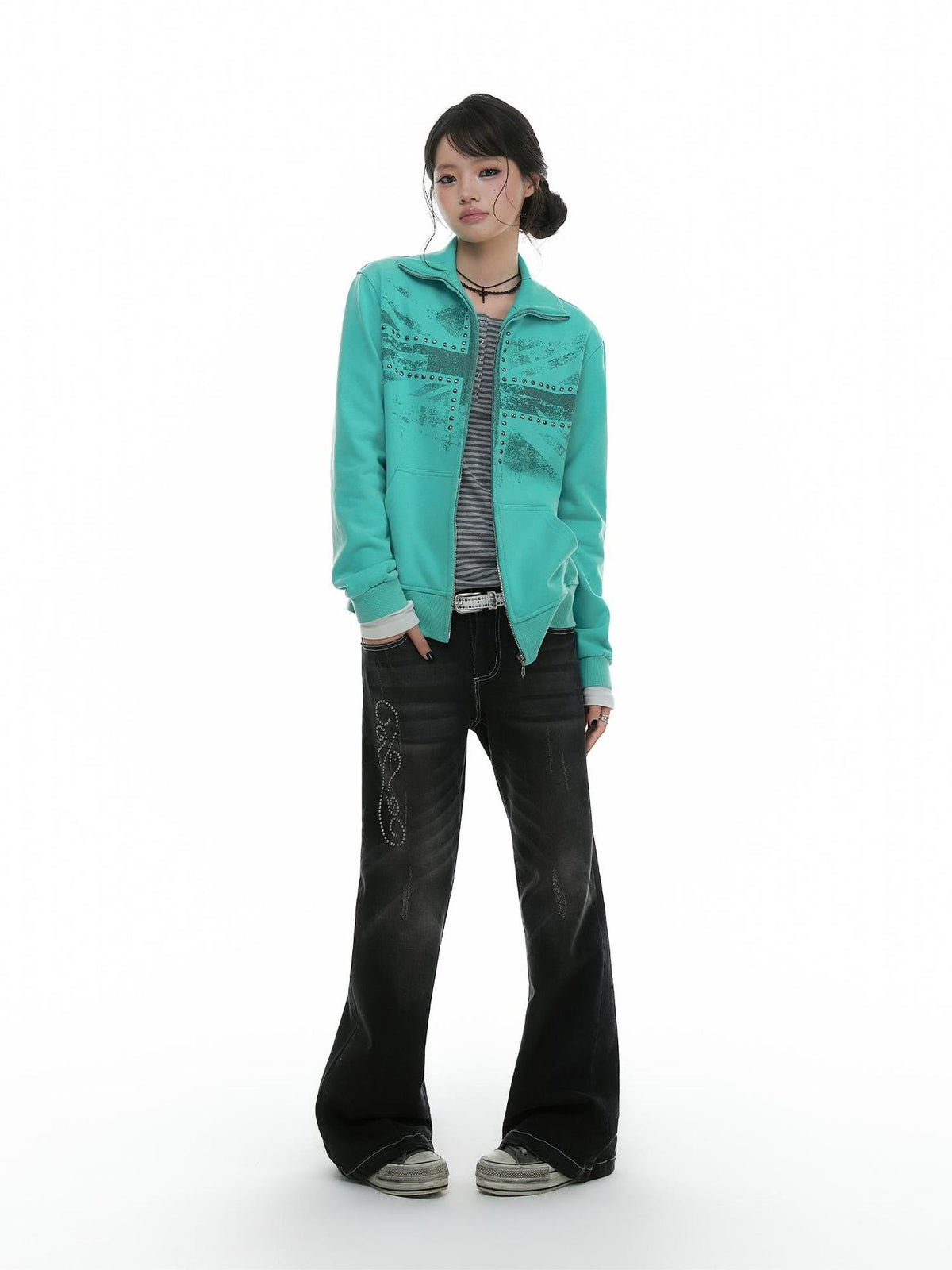 atrandom Rhinestone Studded Topstitched Black Wash Women&