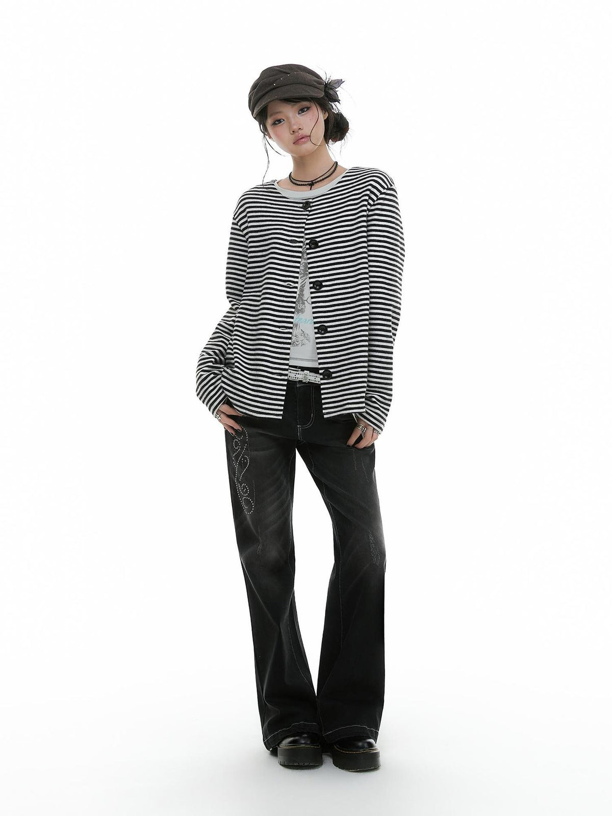 atrandom Rhinestone Studded Topstitched Black Wash Women&