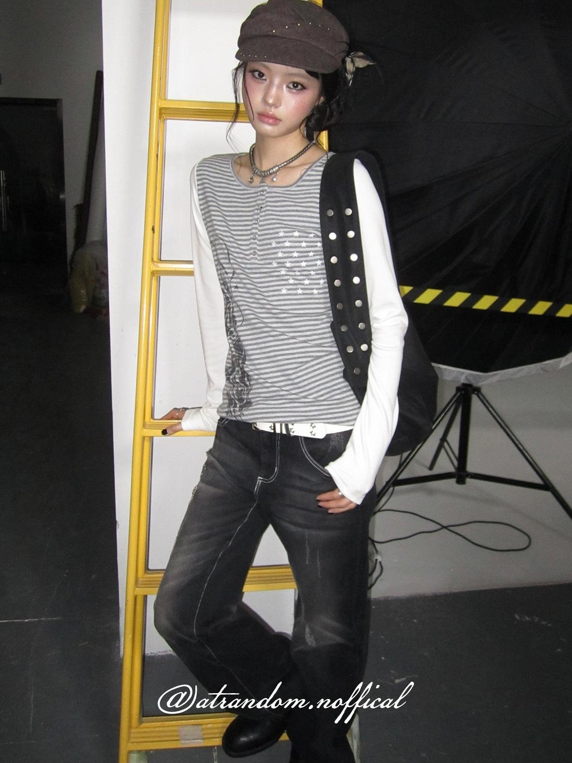 atrandom Rhinestone Studded Topstitched Black Wash Women&