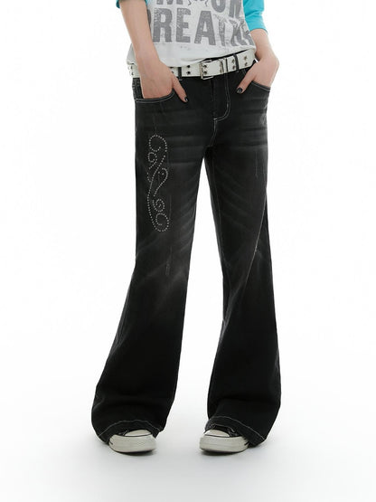 atrandom Rhinestone Studded Topstitched Black Wash Women&