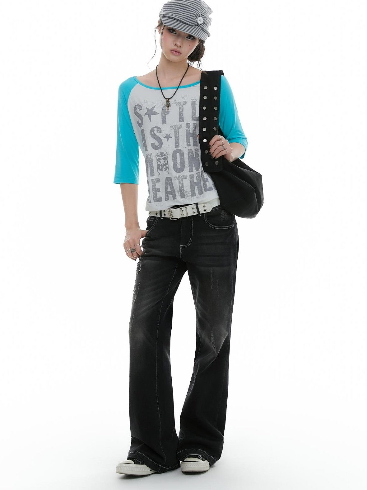 atrandom Rhinestone Studded Topstitched Black Wash Women&